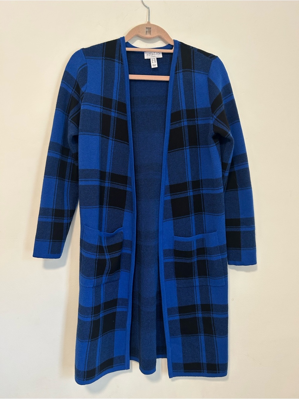 Studio for D&co Blue and Black Plaid Open-Front Long Cardigan